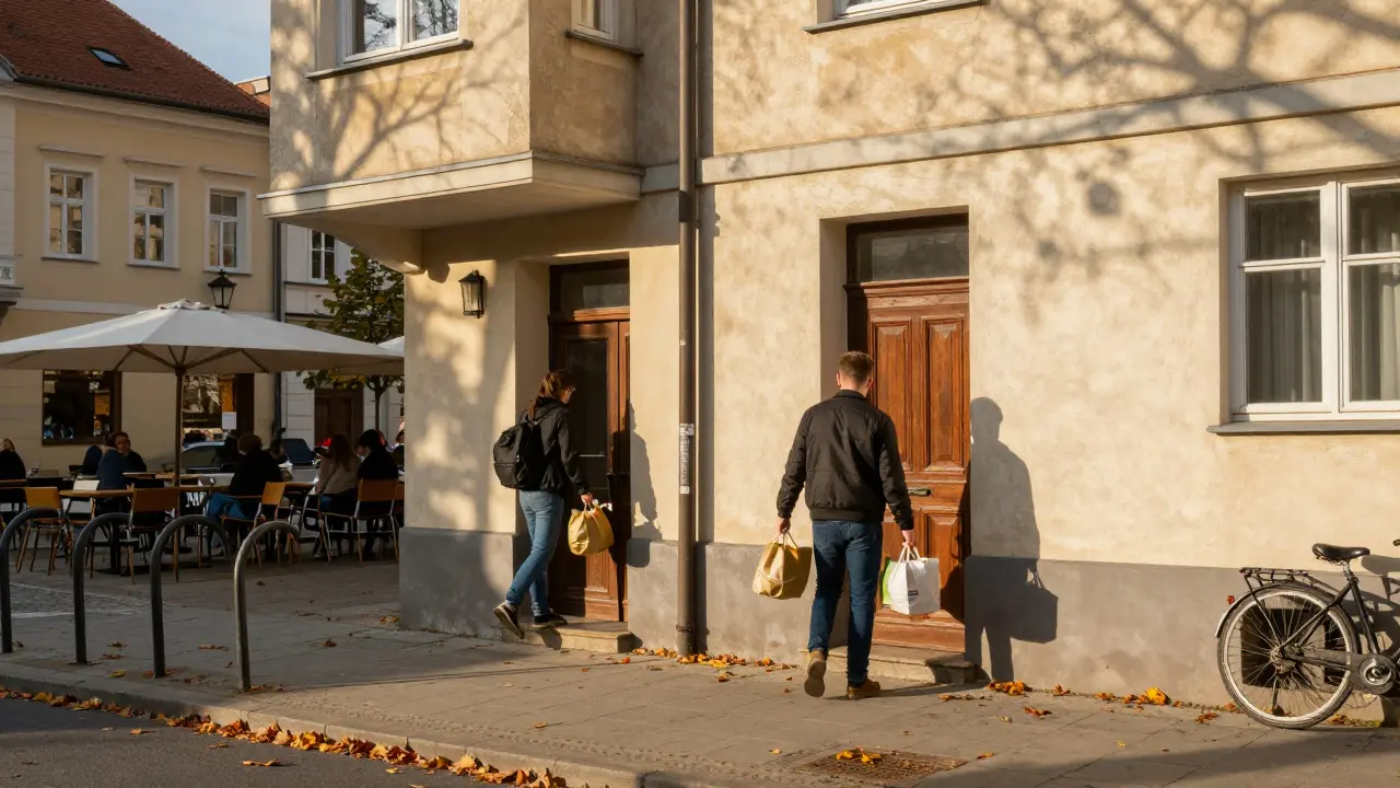 Mladí lidé vstupují do dvou oddělených bytů v Brně u univerzity, večerní světlo na chodníku.