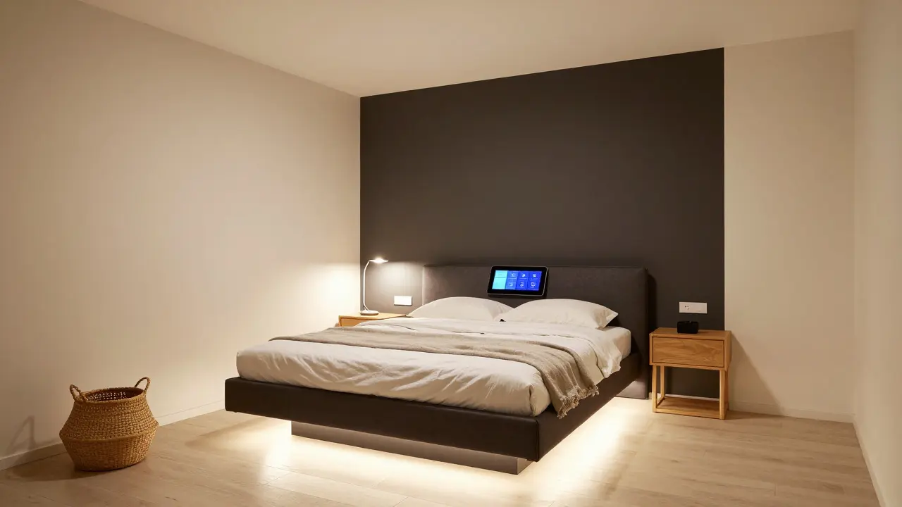 Moderní postel s pracovní plochou a třemi vrstvami osvětlení v kompaktní ložnici.