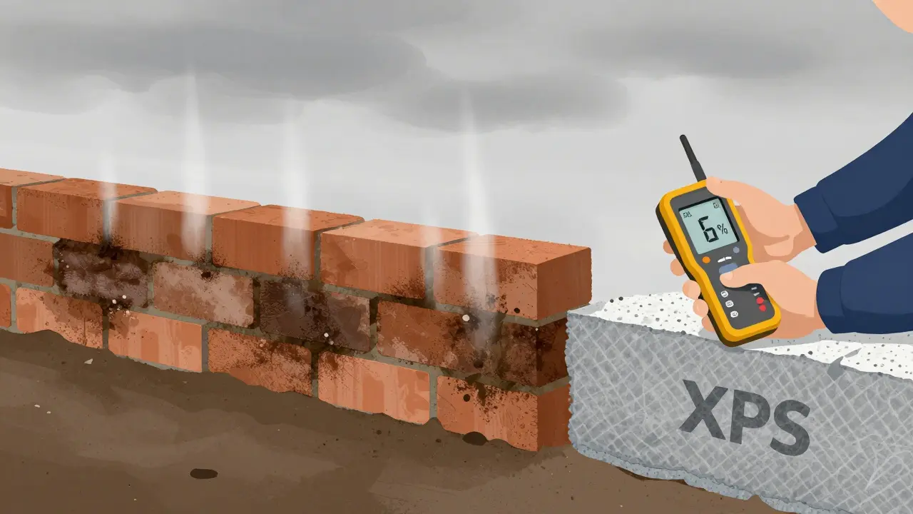 Nezateplený sokl domu s vystupující vlhkostí a plísní, přičemž vlhkoměr ukazuje příliš vysokou vlhkost.