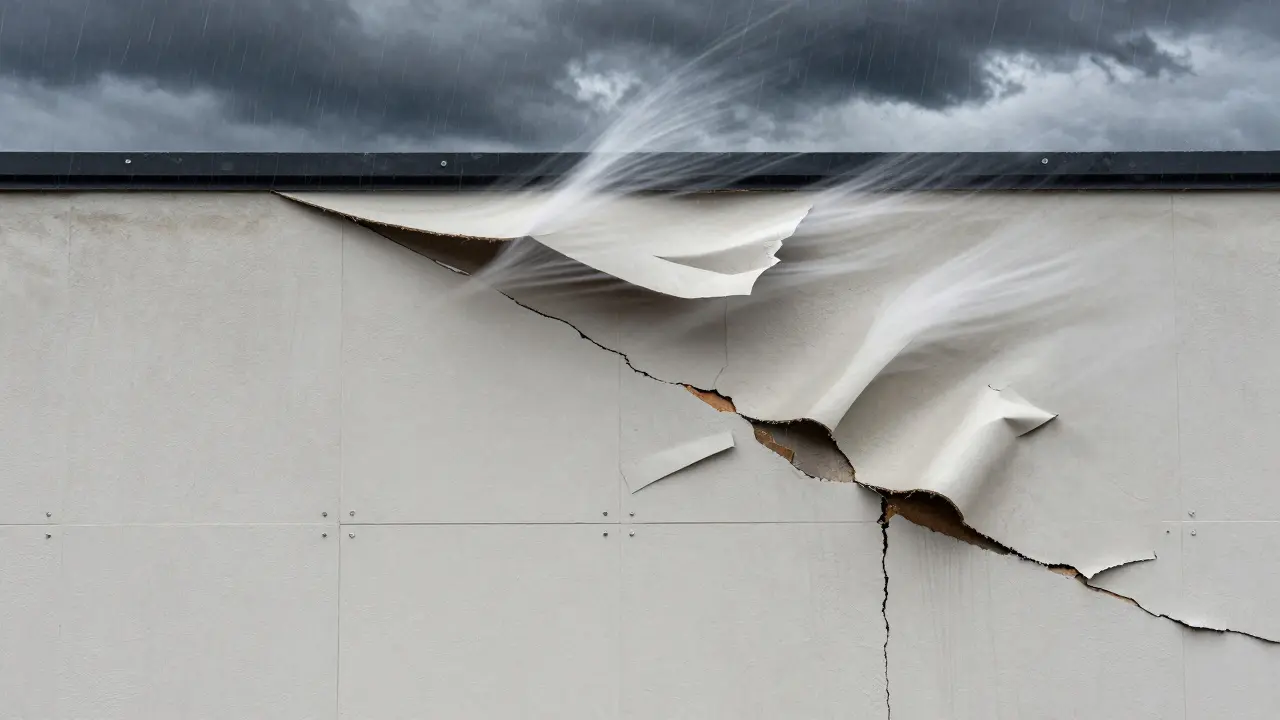 Odlupující se izolace na fasádě kvůli nedostatku kotv, s větrem unášejícím omítku a viditelnými mezerami.