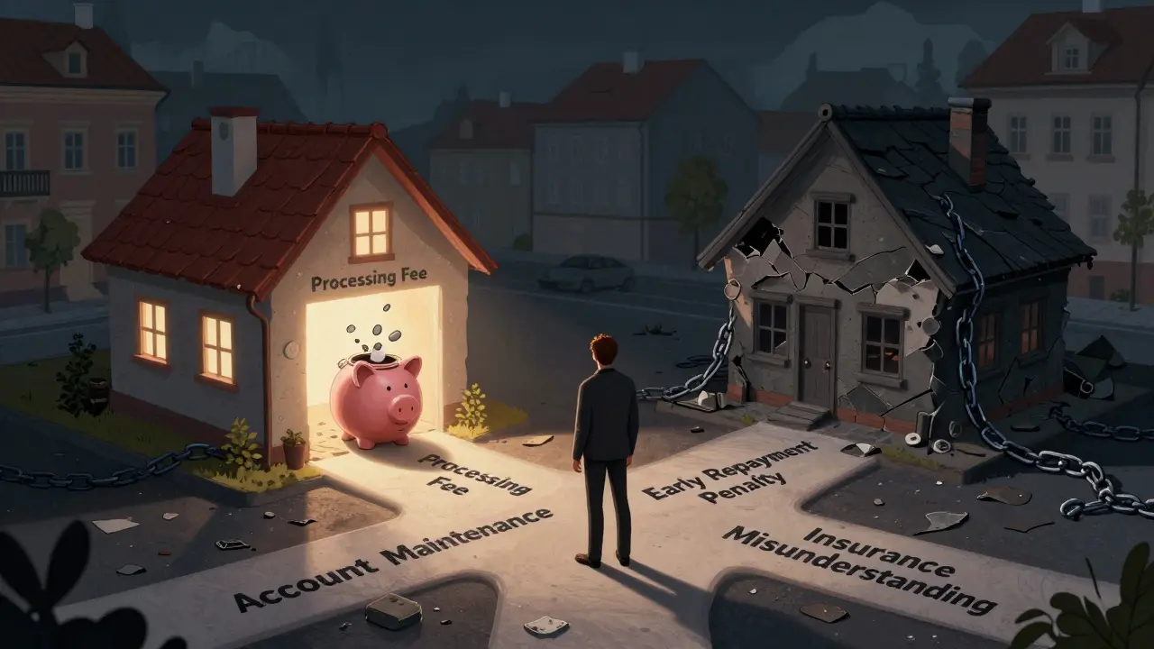 Osoba stojí na křižovatce s skrytými poplatky, jedna cesta vede k domu s úsporami, druhá k zřícenému domu.