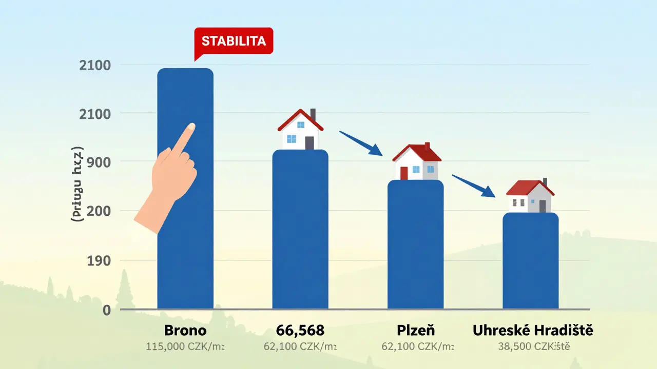 Porovnání cen za m² bytů v českých regionech: Praha, Brno, Plzeň a Uherské Hradiště.