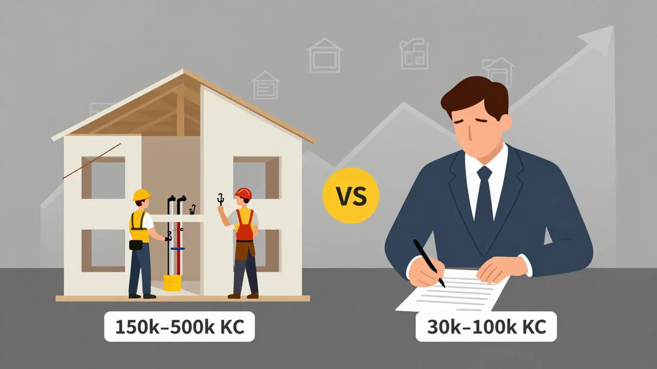 Porovnání nákladů na fyzické a právní dělení nemovitosti s grafy nájemného a stavebními prvkami.