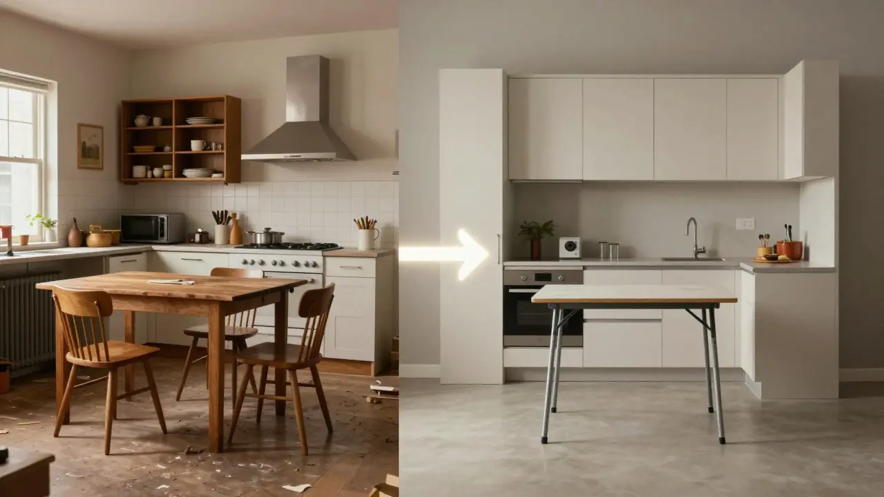 Porovnání starého plně obsazeného prostoru s moderním volným prostorem v malém bytě.