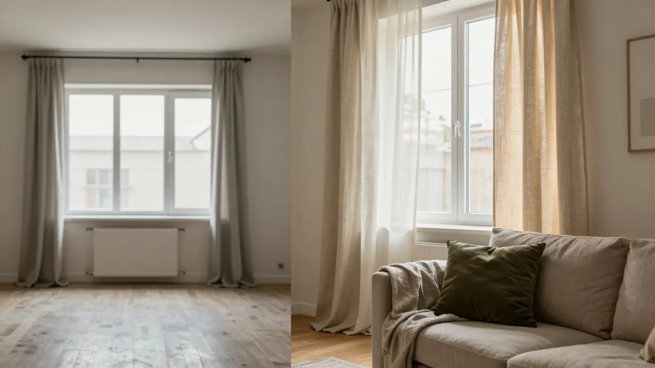 Před a po: prázdný byt vs. byt s textiliemi, které vytvářejí působivý pocit domova.