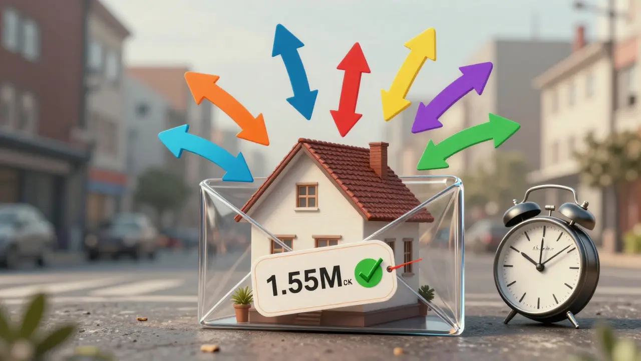 Průhledná obálka kolem domu s nabídkami od zájemců – strategie obálkového prodeje.