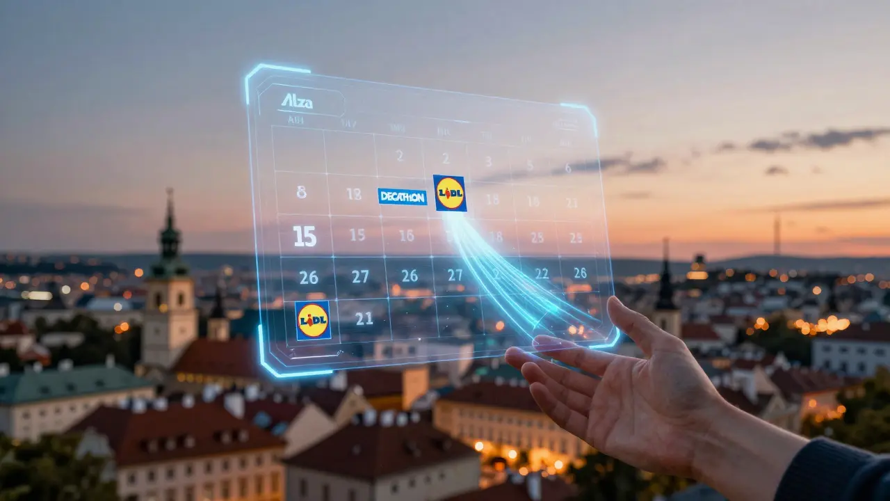 Průhledný digitální kalendář s automatickými slevami z obchodů nad českým městem ve večerním světle.