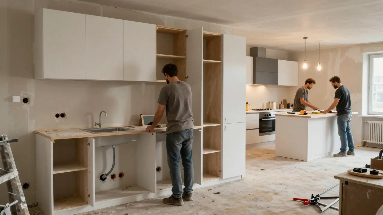 Rekonstrukce kuchyně v Česku: pracovníci odstraňují staré skříně a instalují nové vedení.