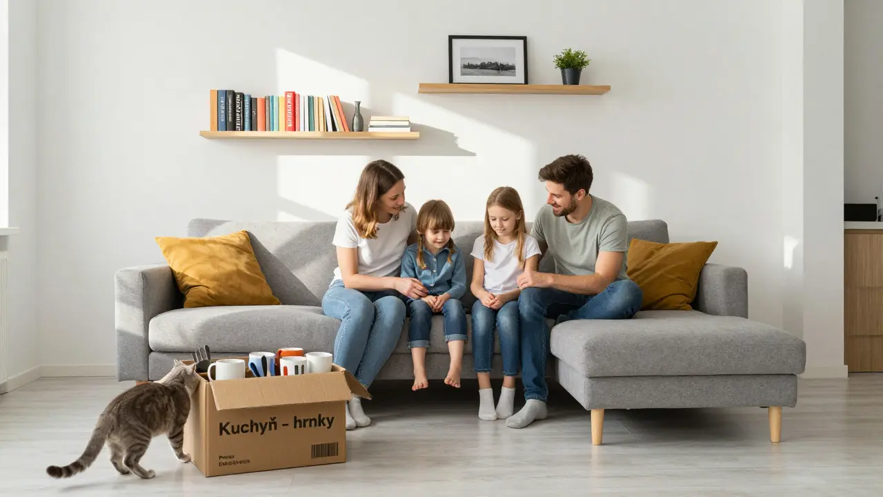 Rodina v novém bytě odpočívá na nově sestaveném nábytku, kočka zkoumá krabici.
