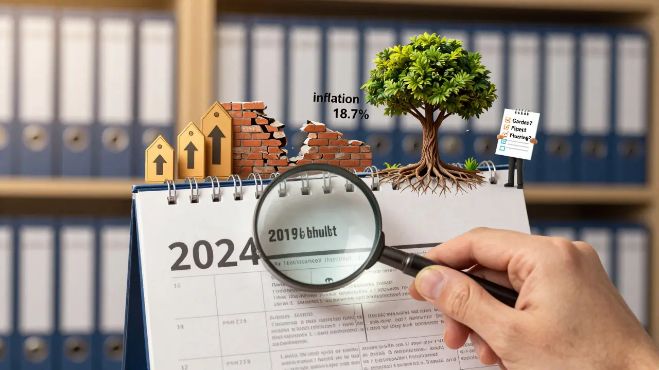 Rok 2024 na kalendáři, ruka drží lupu nad starou pojistnou smlouvou, kolem letí symboly inflace a škody.