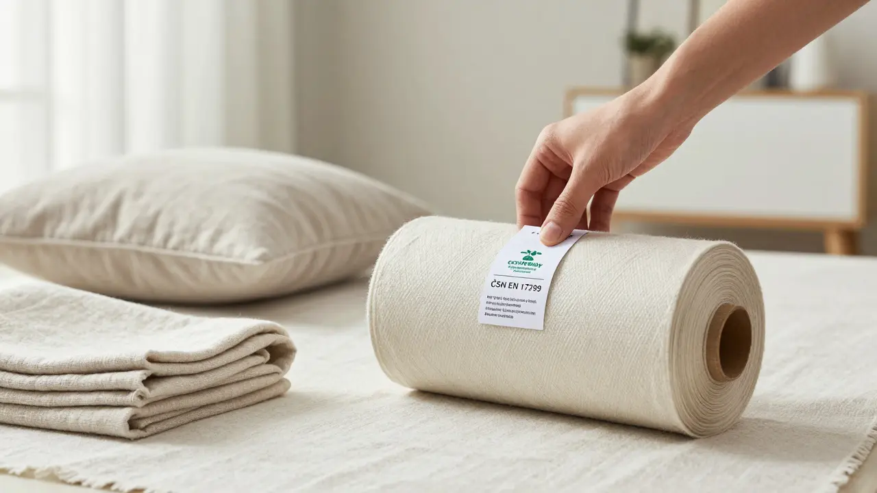 Rukou držená certifikovaná textilie s doplňky pro home staging v neutrálních tónech.