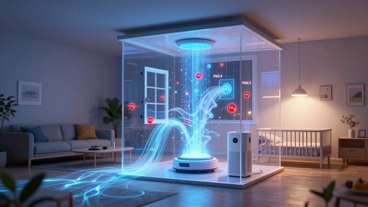 Smart home system visualizing air quality data streams connecting sensors to automated systems.