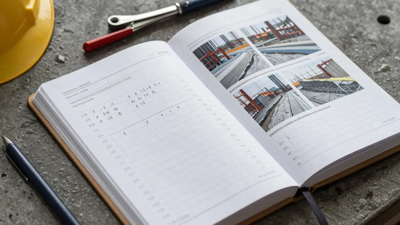Stavební deník s podpisem, fotografiemi a záznamy materiálů na dřevěném klipe.