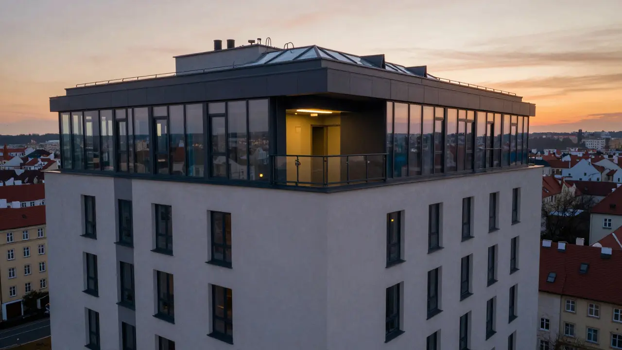 Střešní okno a světlovod osvětluje tmavou chodbu v bytě, zatímco sousední okna nepronikají světlem hluboko do interiéru.