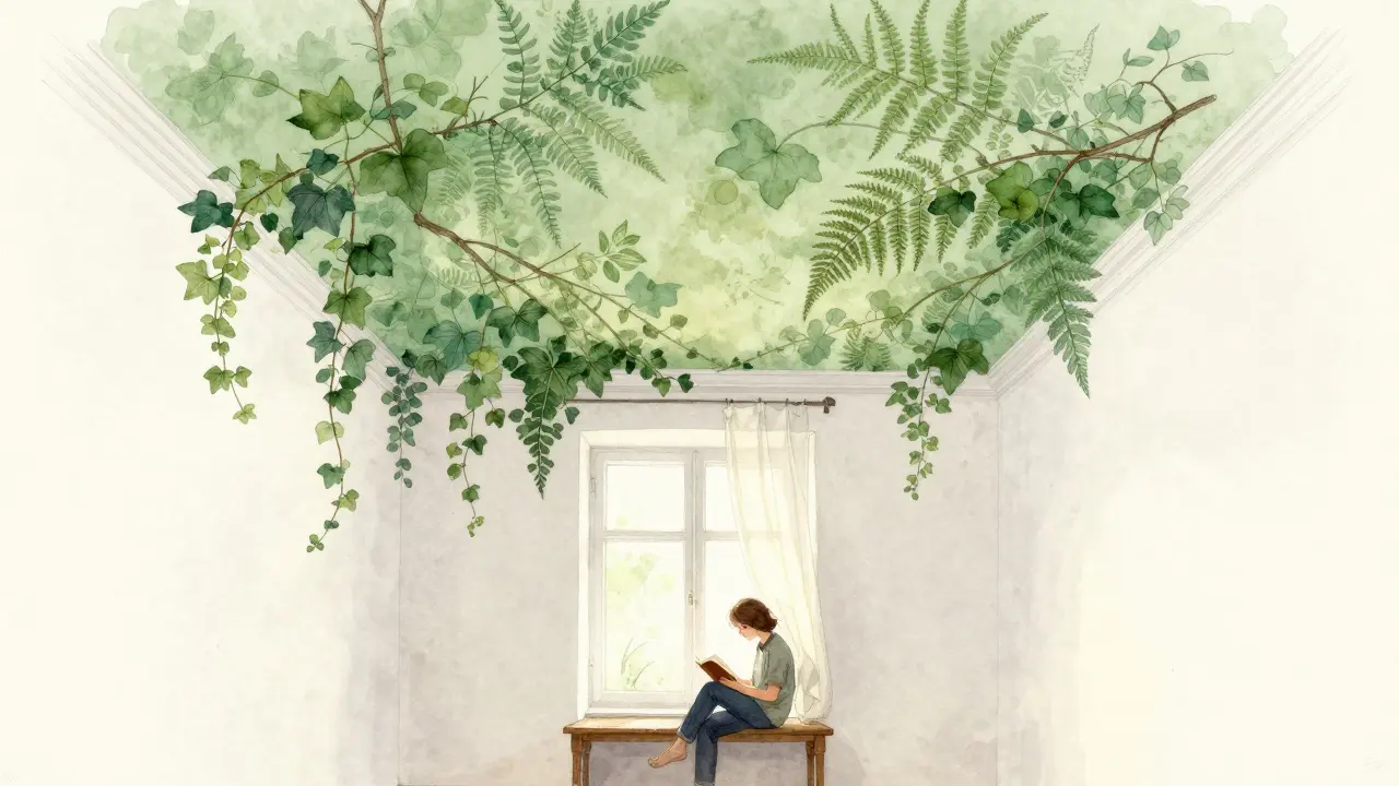 Strop pokojem pokrytý jemným botanickým vzorem, jako by pod ním byly stromy, s člověkem četoucím pod ním.