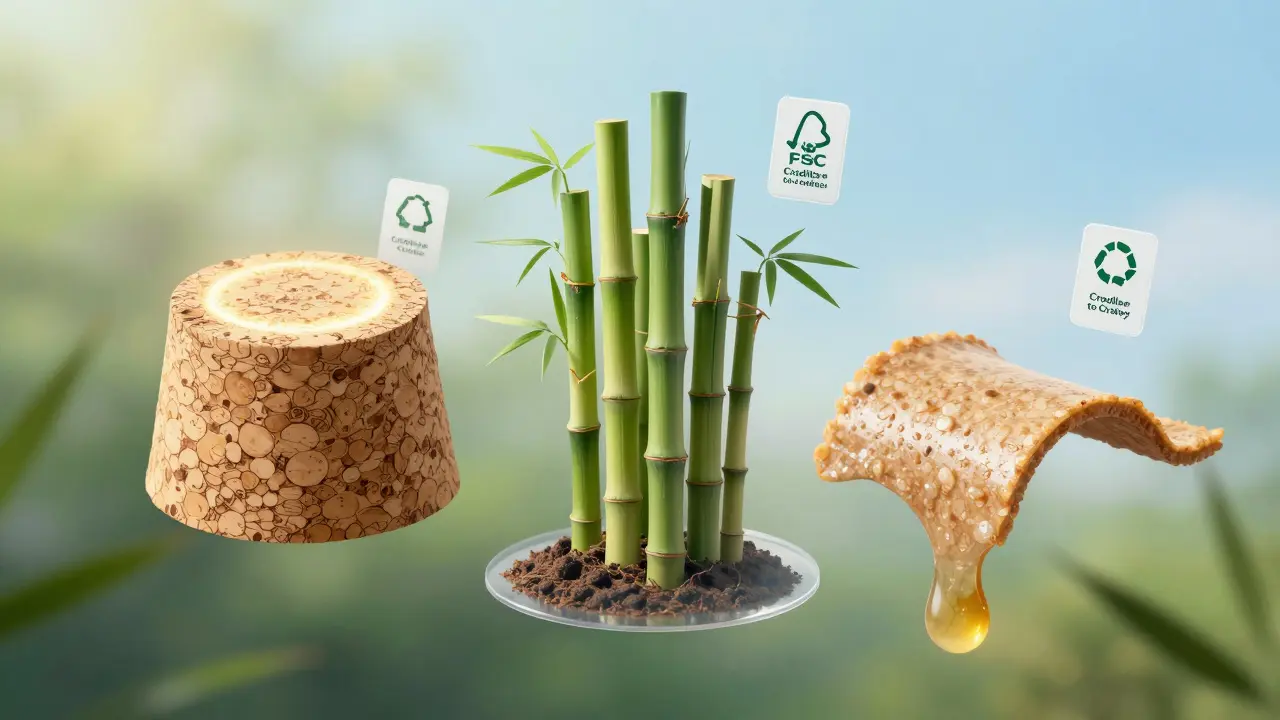 Tři přírodní materiály – korek, bambus a linoleum – v abstraktní podobě, symbolizující kruhovou ekonomiku a recyklaci.