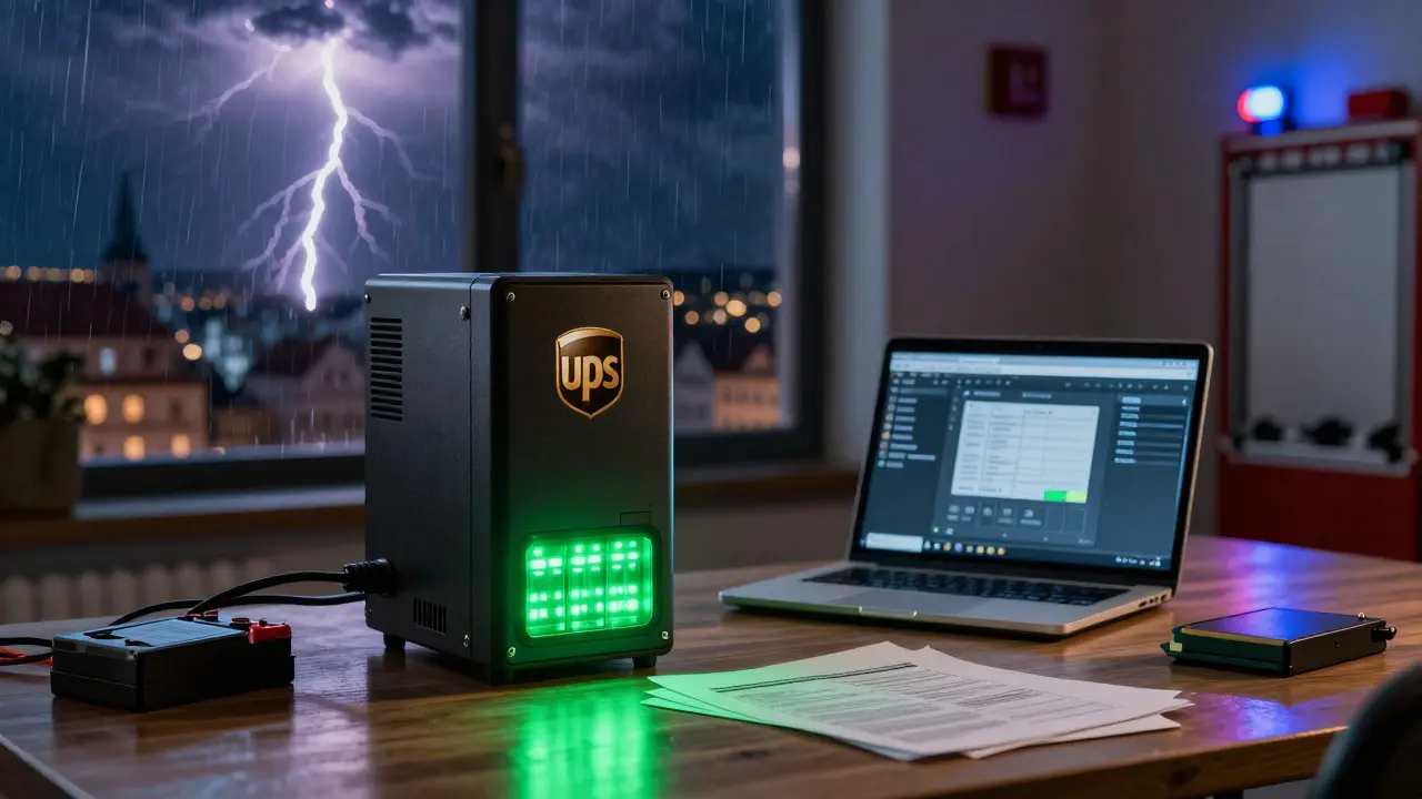 UPS udržuje napájení počítače během výpadku proudu, za oknem blesk a bouřka.