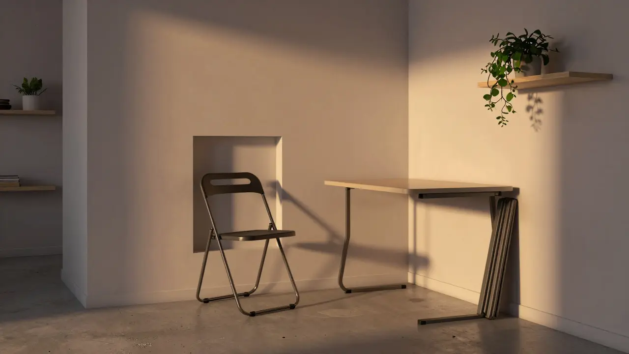 Židle Halmar ZA 10 skrytá ve zdi jako umělecký prvek v minimalistickém bytě.