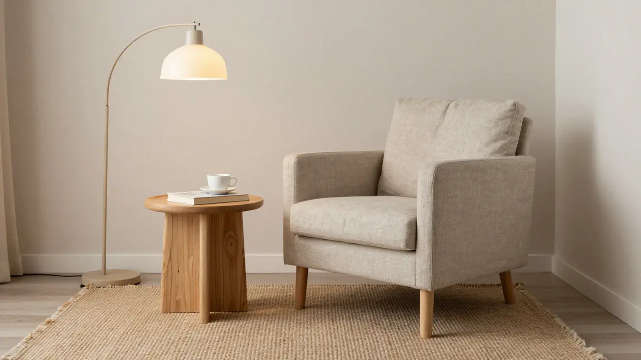 Čtecí zóna ve skandinávském stylu s pohodlným křeslem a teplým osvětlením.