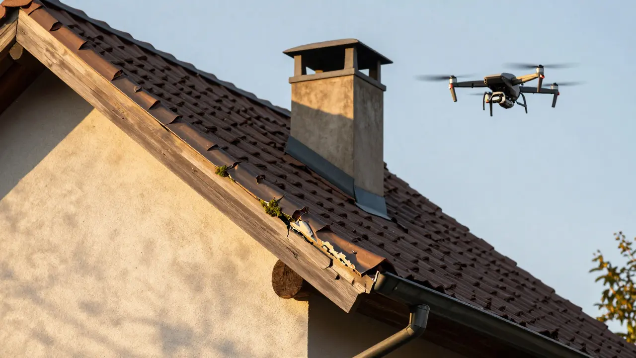 Detail krytiny u komína s poškozeným těsněním a mechem, s dronem nad střechou.