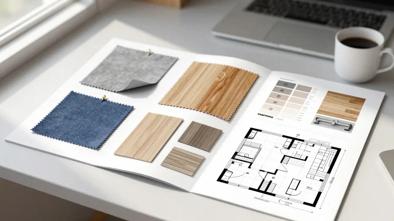 Developer's graphic manual with fabric swatches, color charts, and material samples laid out on a desk.