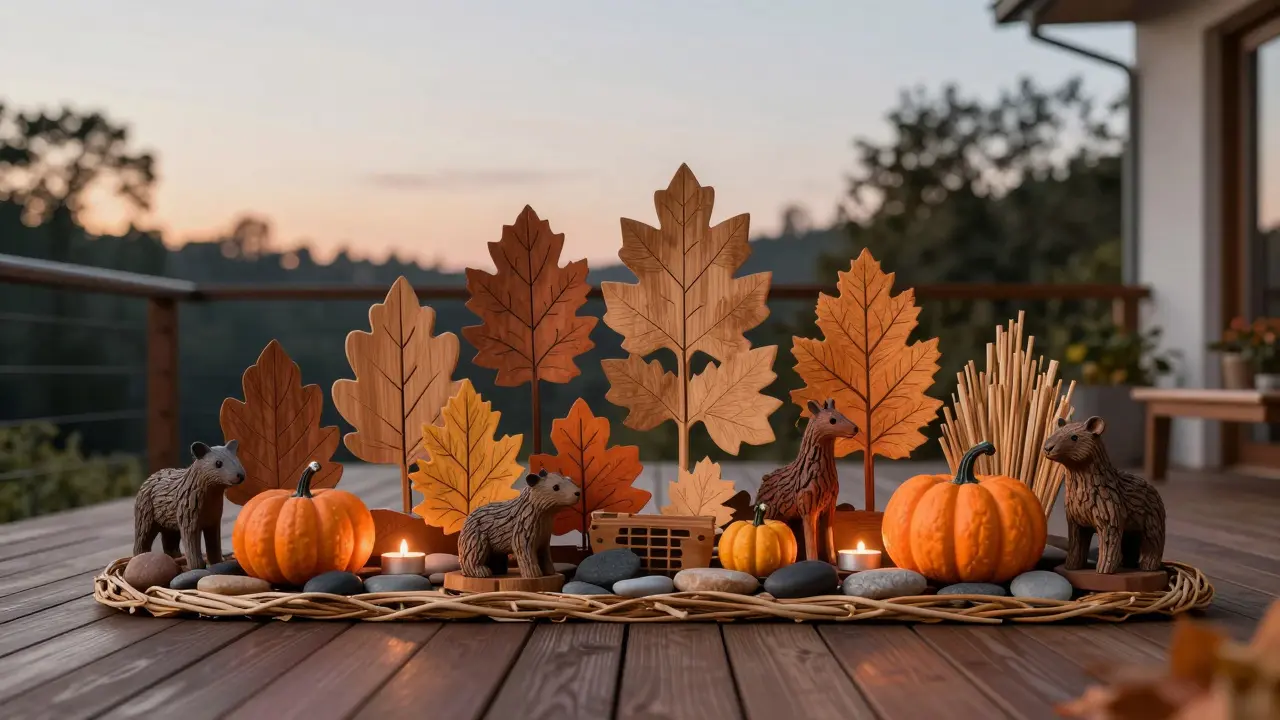 Dřevěné listy, dýně a zvířátka na terase s kameny a svíčkami