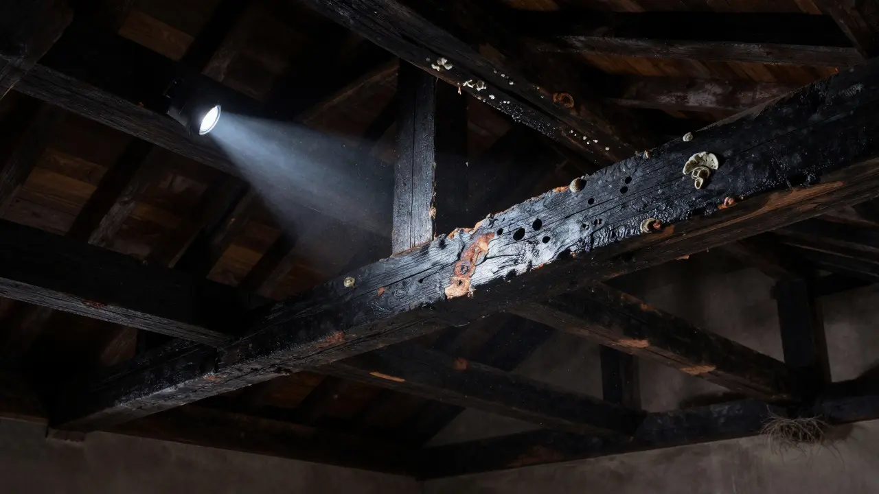 Dřevěný krov s příznaky hniloby a hmyzem, osvětlený baterií v temném podkroví.