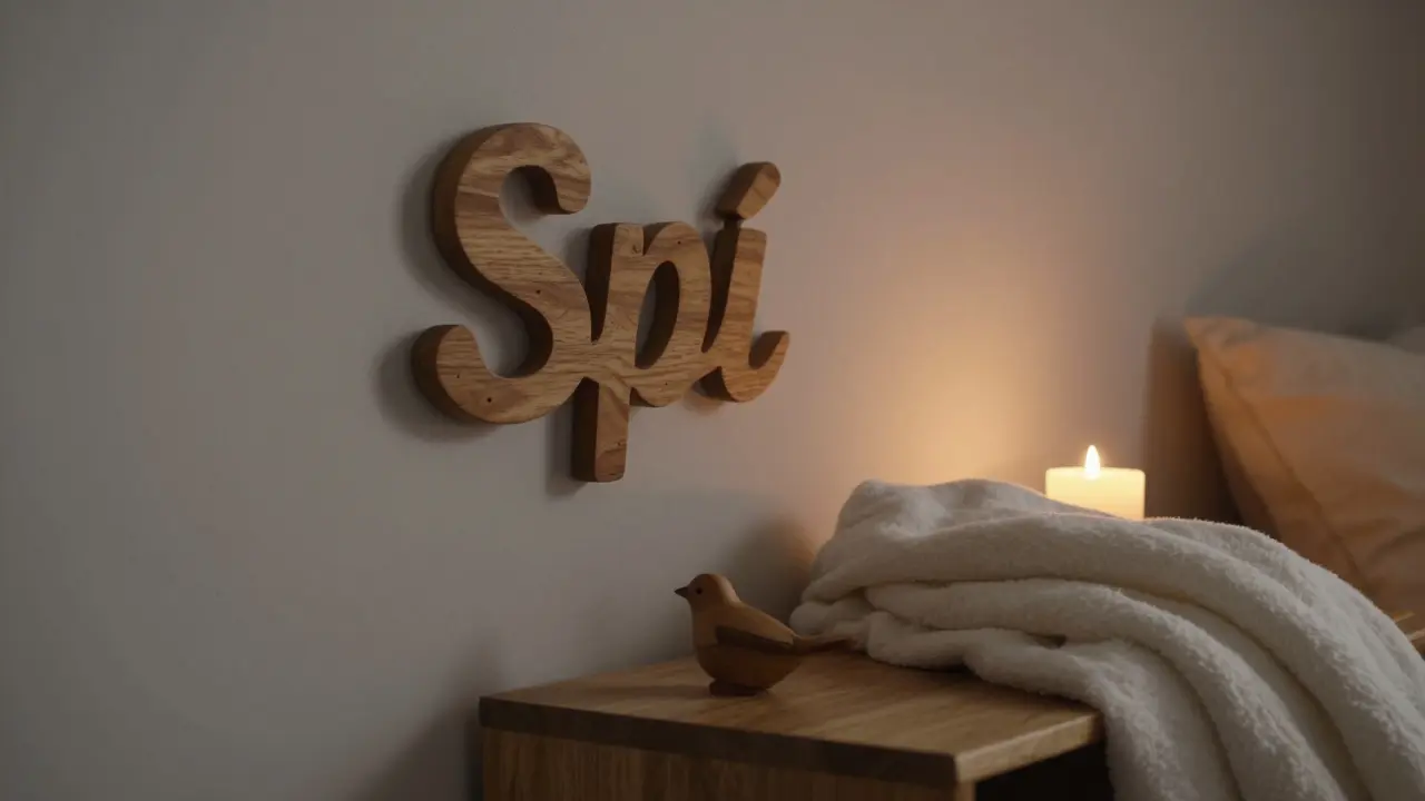 Dřevěný štítek s nápisem 'Spí' v ložnici s dřevěným ptáčkem a svíčkou