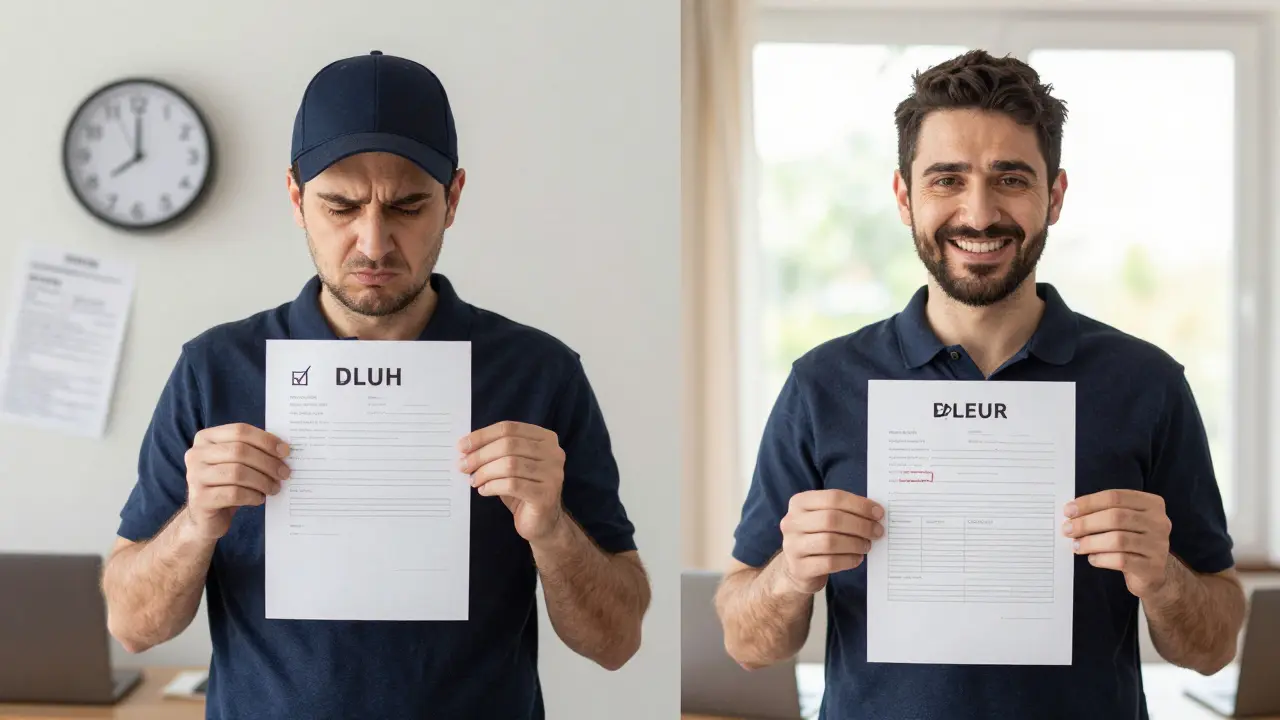 Dvě scény: jeden nájemce s dluhem a druhý s ověřeným prohlášením bez dluhů.