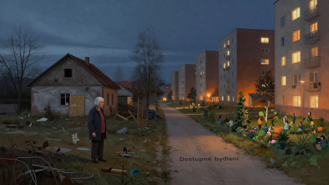 Dvojitý obraz: opuštěná venkovská obec a husté městské bydlení spojené cestou dostupnosti.