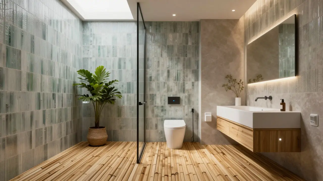 Ekologická koupelna s bambusovou podlahou a chytrým osvětlením.