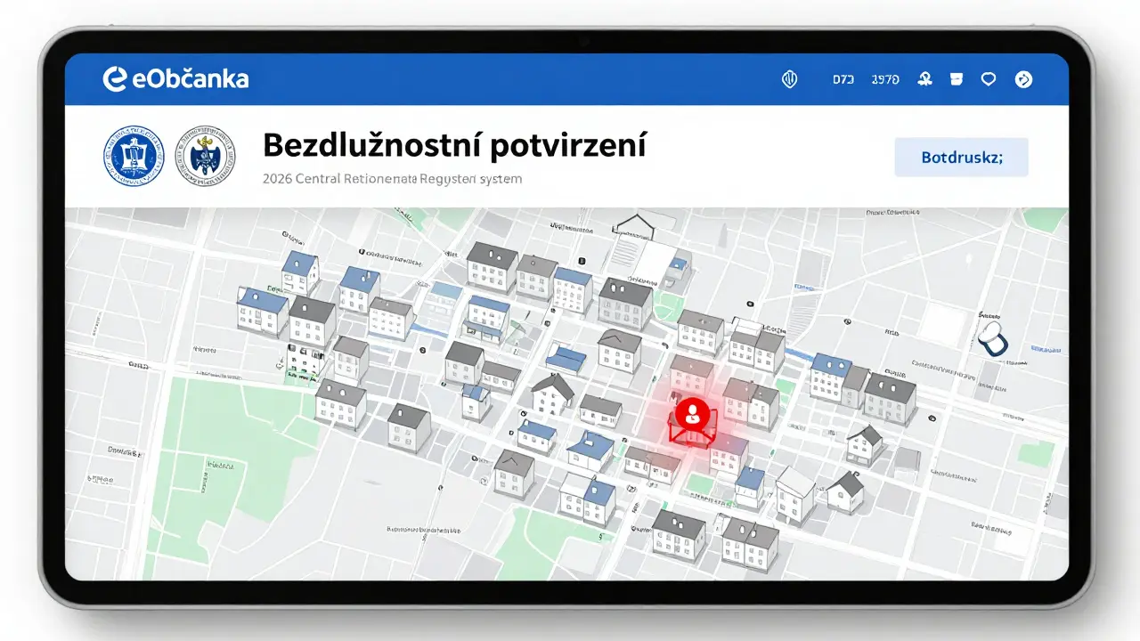 Elektronické potvrzení bez dluhů na eObčance s mapou českých bytových jednotek.