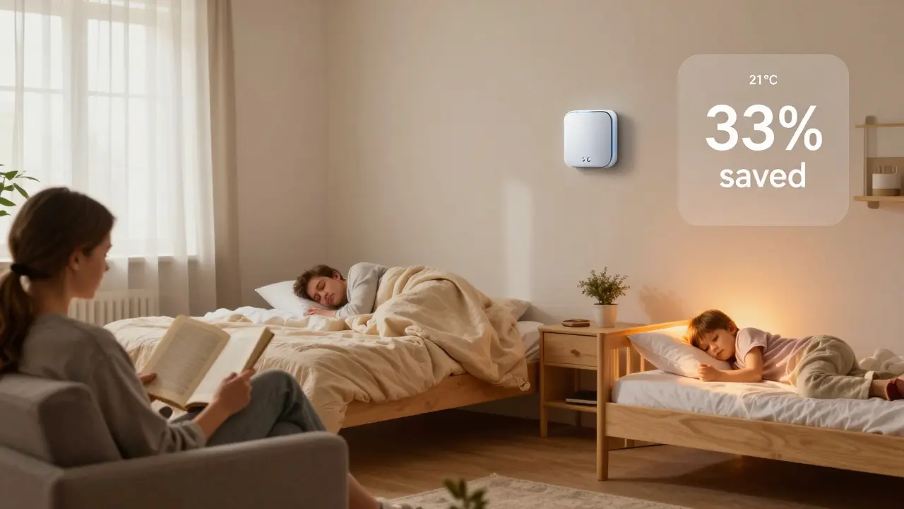 Family in a cozy Czech home enjoying personalized room temperatures with energy-efficient heating.