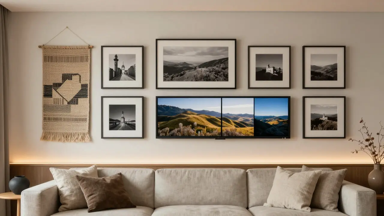 Galerie obrazů, tapestry a digitální rám v obývacím pokoji s LED osvětlením