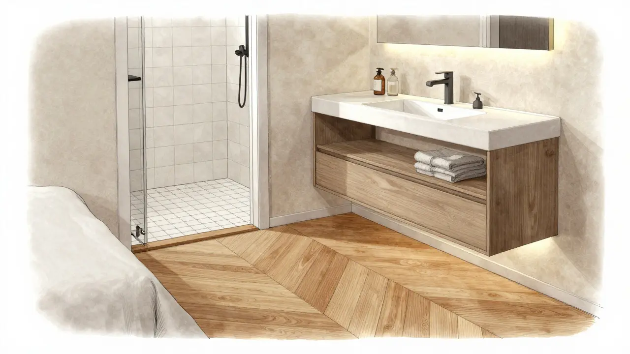 Harmonie podlahových materiálů mezi ložnicí a koupelnou s modulárním nábytkem.