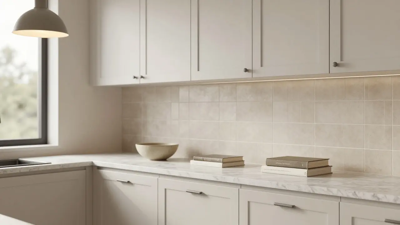 Kuchyně s bílými skříněmi, béžovými dlaždicemi a šedým kováním, jen tři knihy a jedna nádoba na counteru.