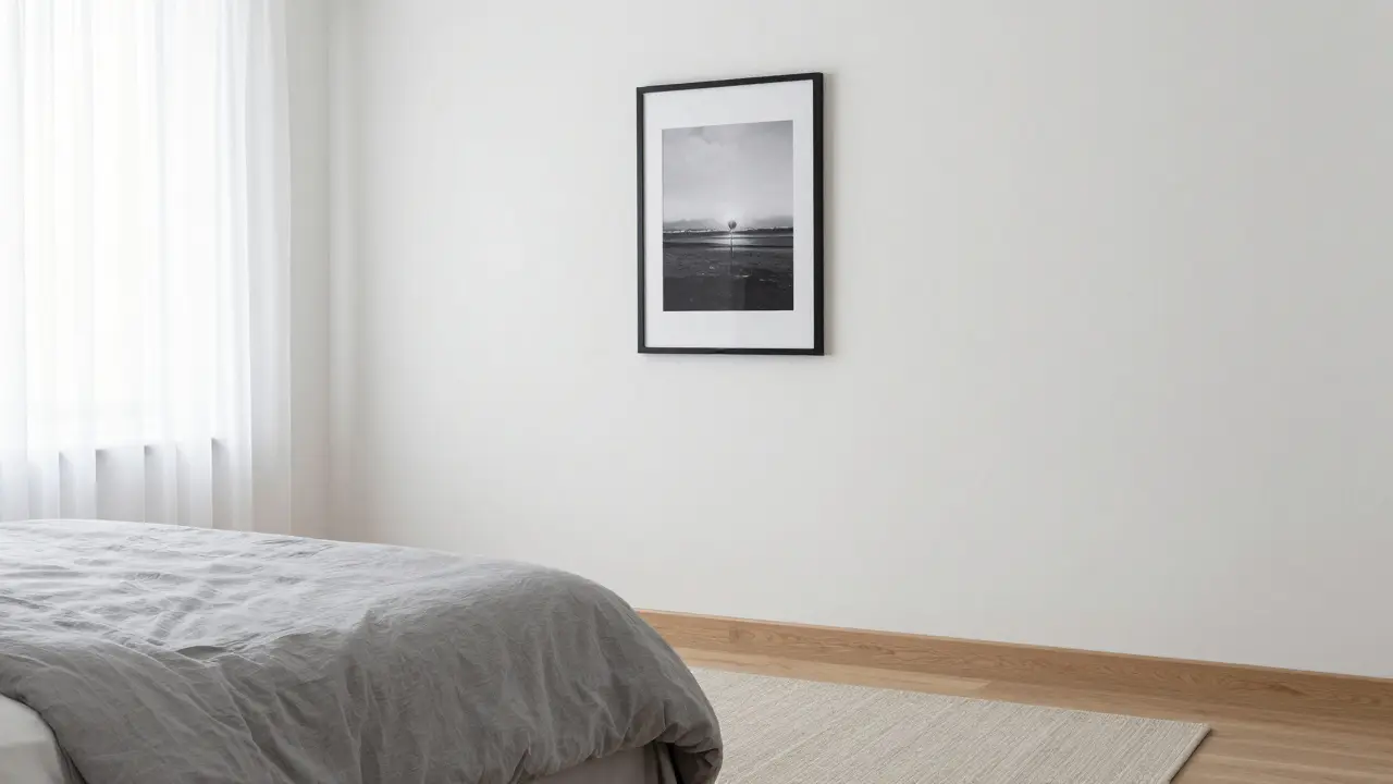 Ložnice s bílou stěnou, šedým postelím a neutrálním kobercem, jen jedna fotografie a přírodní světlo.