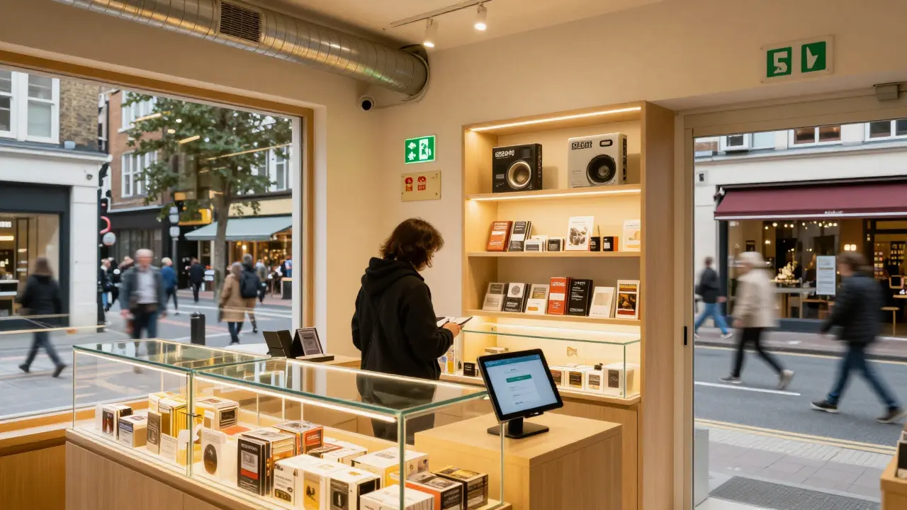 Malá prodejna s výkladními skříněmi a zákazníkem, viditelná z hlavní ulice s průjezdem.