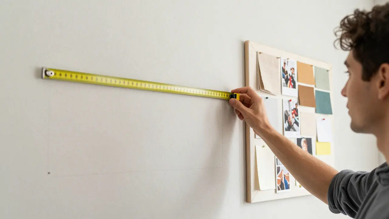 Osoba měří stěnu laserem s návrhem obrazu a mood boardem vedle