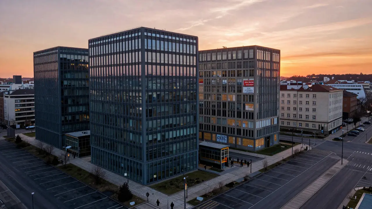 Pražský blok s plně obsazenými a prázdnými kancelářskými budovami ve večerním osvětlení.