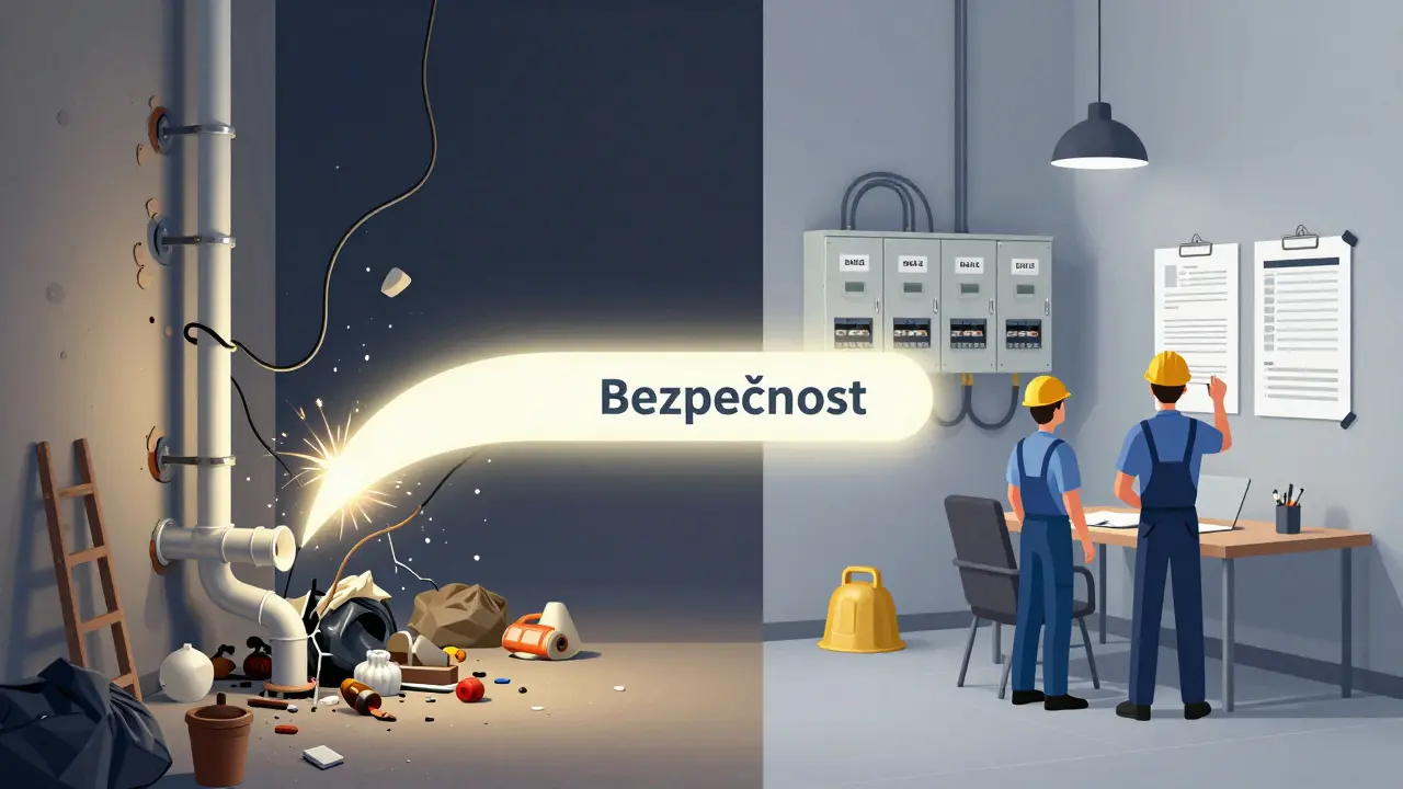 Srovnání nebezpečné a bezpečné rekonstrukce bytu – chaos na jedné straně, organizace na druhé.