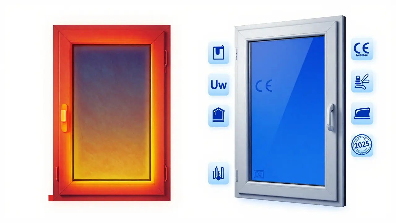 Srovnání starého a nového okna s tepelnými mapami a označením energetické účinnosti