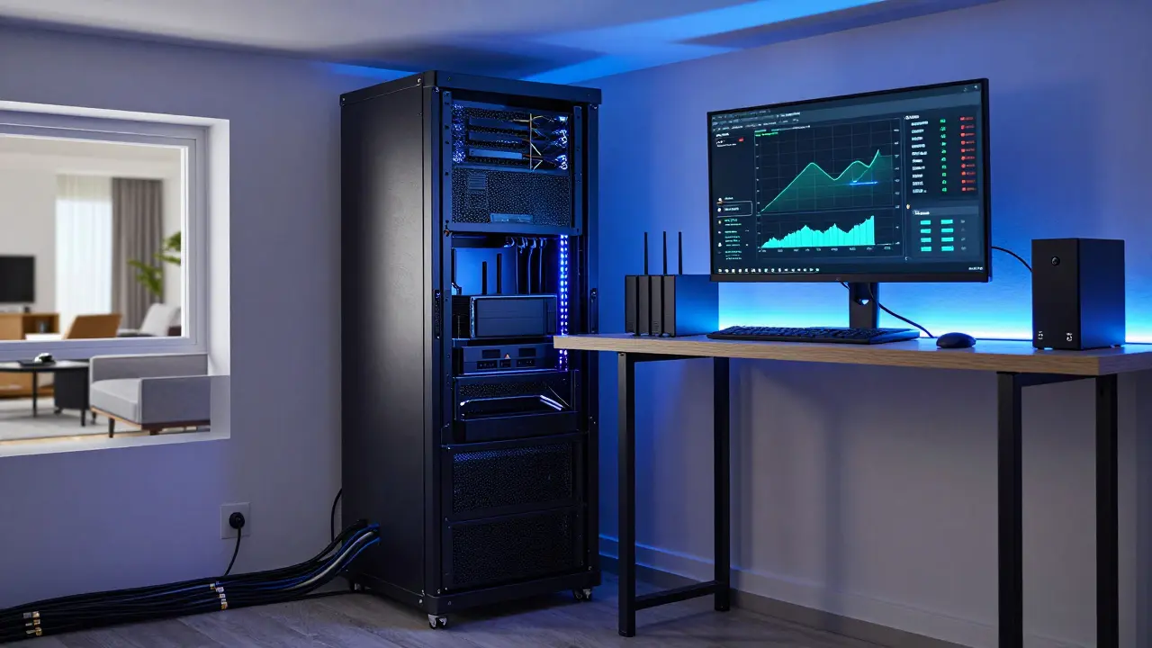 Technická místnost s centrální jednotkou, routerem a záložním zdrojem, osvětlená modrými LED diodami.