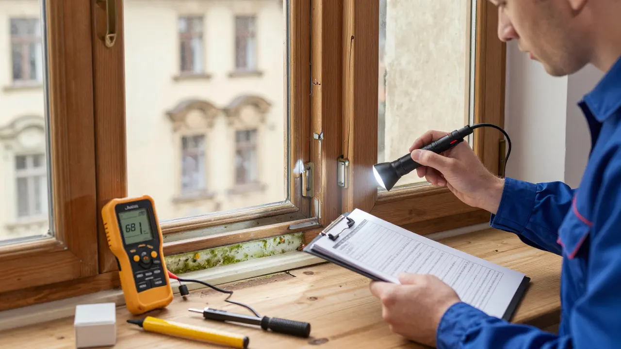 Technik kontroluje poškozené dřevěné okenní rámě s příznaky vlhkosti a plísně