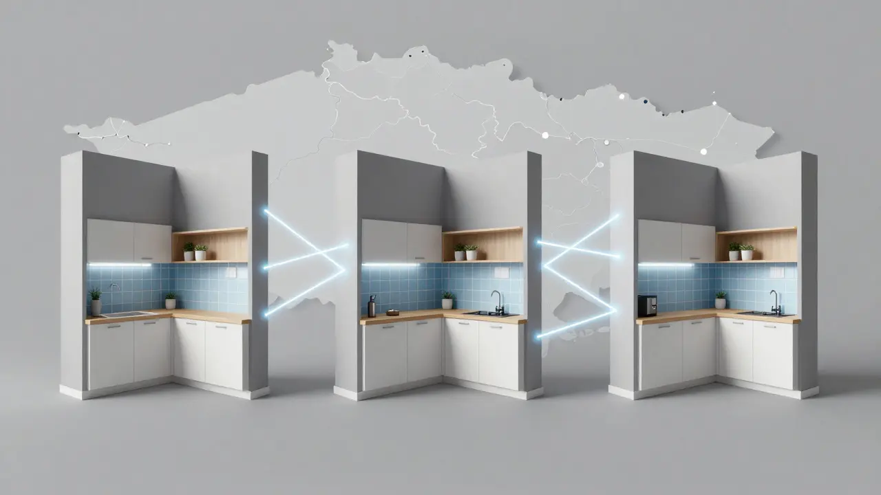 Three identical Czech apartments in different cities connected by glowing lines, showing uniform interior design.