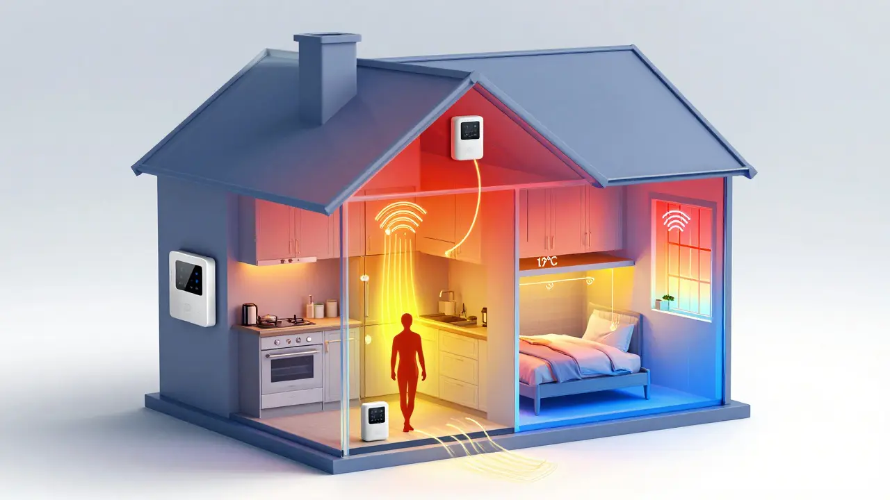 Transparent house cross-section showing dynamic heat flow to occupied rooms with wireless sensors.