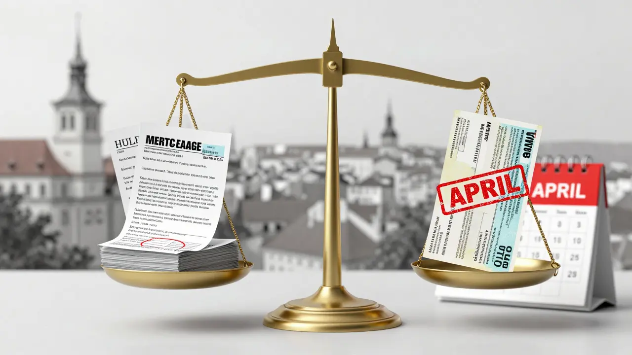 Váha s doklady a daňovým účtem, kde výdaje převáží proti pokutám, s pozadím českého města.