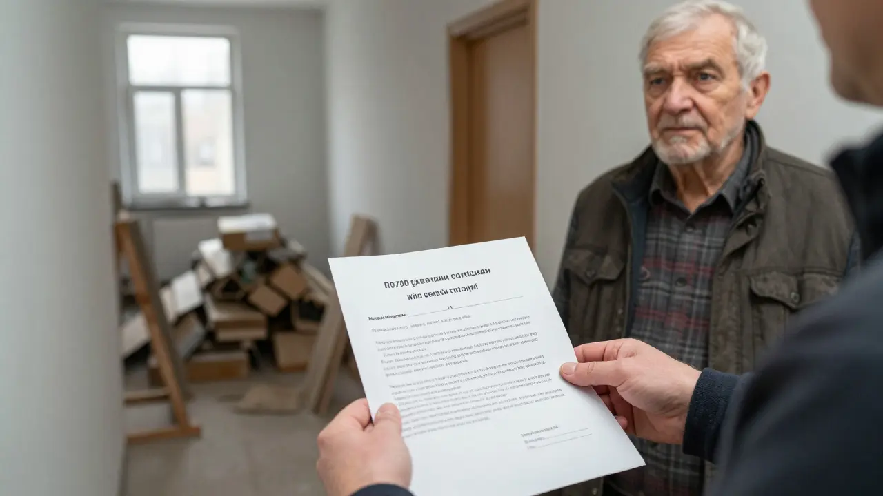 Vlastník bytu předává sousedovi písemné oznámení o rekonstrukci v chodbě bytového domu.