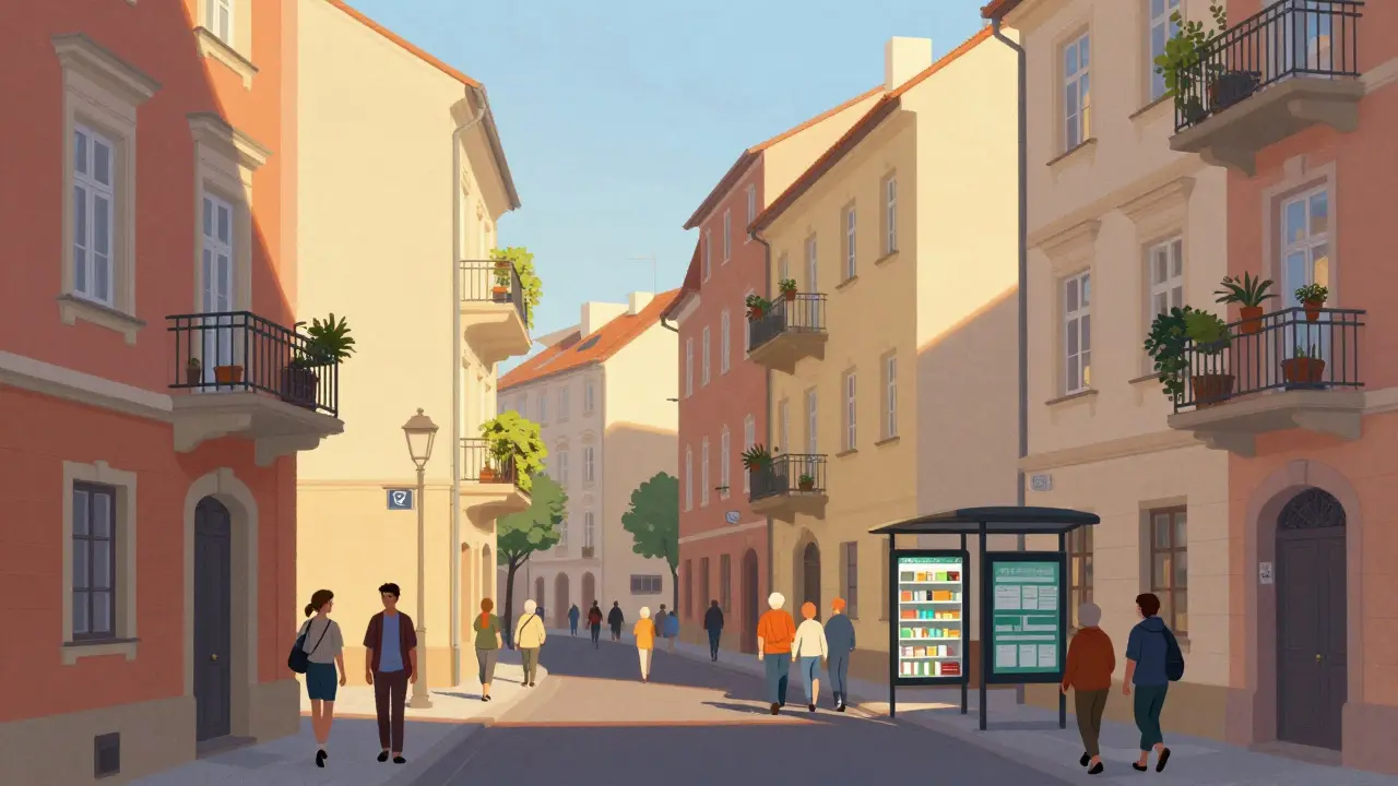 Živá pražská čtvrť s malými byty, lidmi a službami v blízkosti v ranním světle.