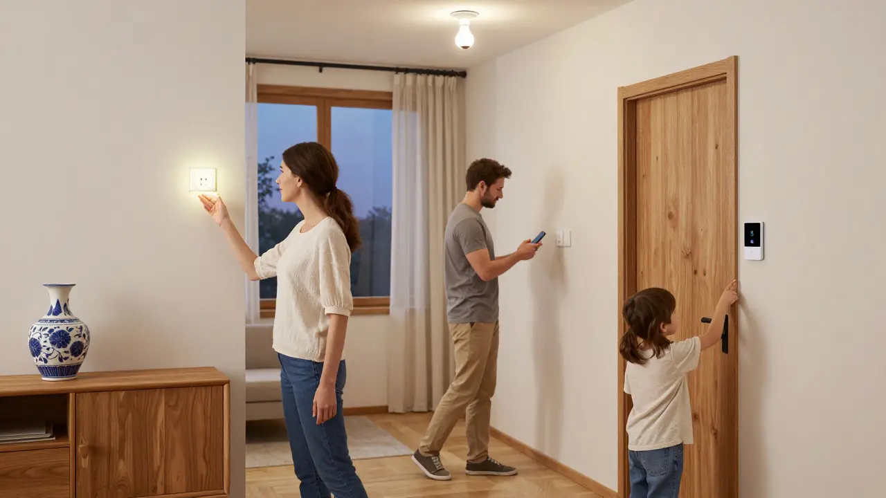 Česká rodina ovládá chytrou domácnost hlasem a telefonem v klidném bytě.